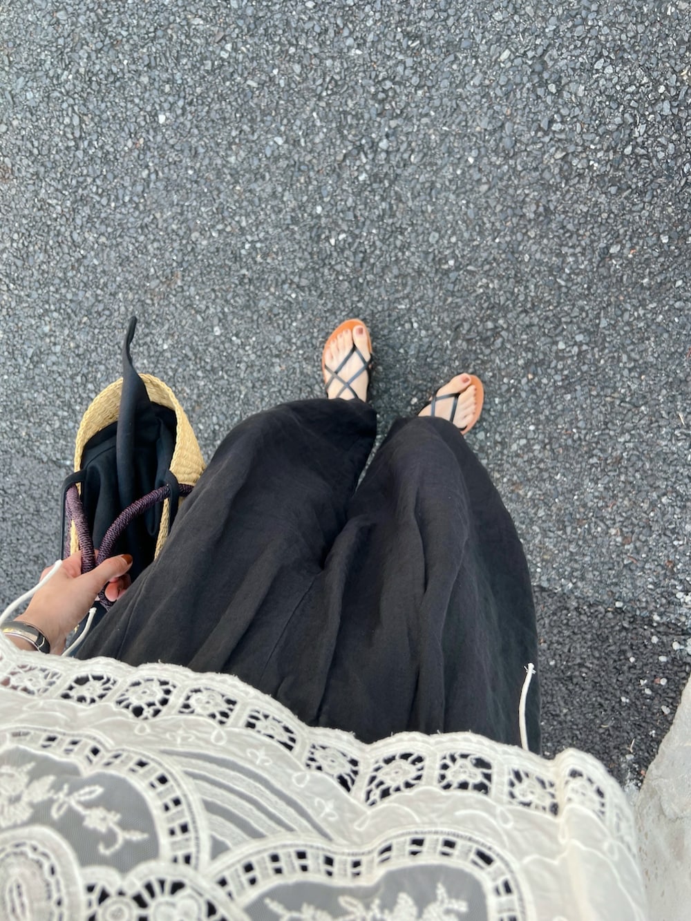 ブラック系のサンダル、ブラック系のかごバッグ、ホワイト系のシャツ/ブラウスを着用したレディースの夏コーディネートの3枚目の写真