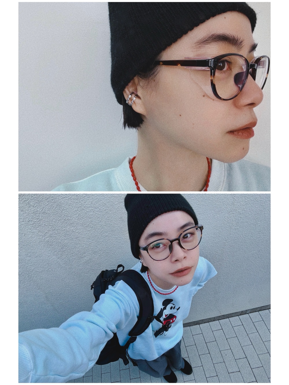 グレー系のその他パンツ、ブルー系のスウェット、ブラック系のスリッポンを着用したレディースの春コーディネートの3枚目の写真