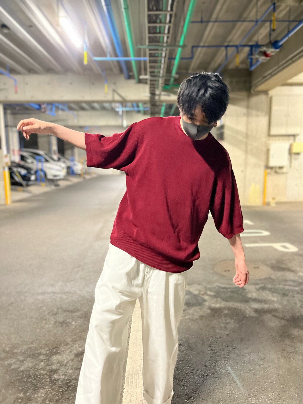 「Timberland、union station、Junred、GU、秋コーデ、サマーニット、タンクトップ、デニムパンツ、赤白コーデ、シンプルスタイル、オトナカジュアル、キレイめ、リラックススタイル、デニムコーデ、レッド」｜「UNION STATIONの/ウォッシャブル/ワイドシルエットミラノリブニットカットソー（ニット/セーター、レッド系）」を使った、アムネシアさん（メンズ・176cm）の秋コーディネートの4枚目の写真