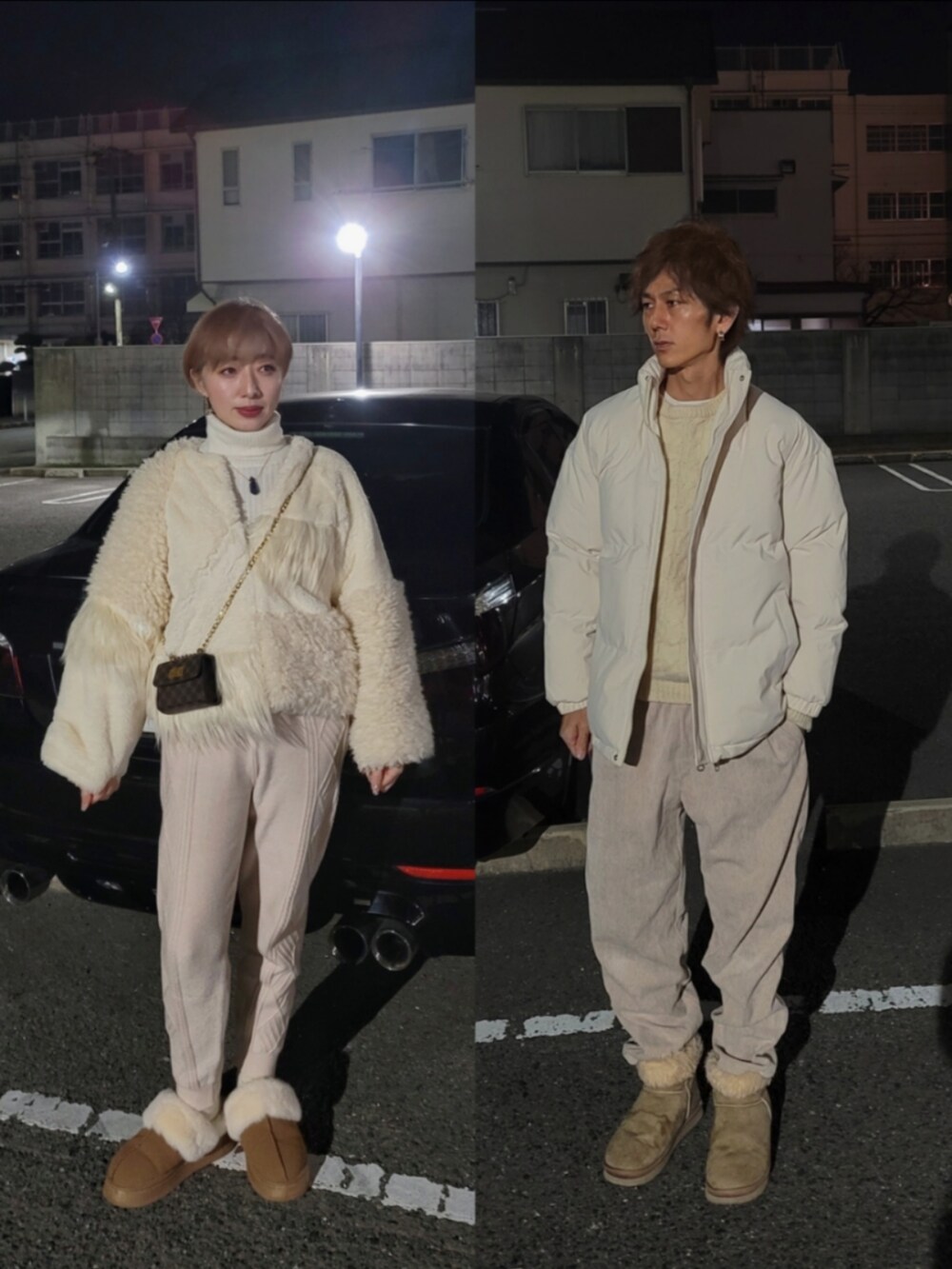 ベージュ系のパンツ、ブラウン系のブーツ、ベージュ系のシューズを着用したレディースの冬コーディネートの2枚目の写真