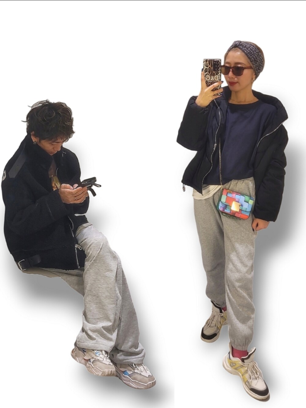 「大人カジュアル、オトナカジュアル、アラフォー、アラフィフ、40代ファッション、スウェットパンツ、shein、SHEIN、ターバン、サングラス、ポシェット、シミラールック、リンクコーデ、カップルコーデ、夫婦」｜「SHEINのアイテム（スウェットパンツ、グレー系）」を使った、インスタ→bz178koshu47さん（レディース・160cm）の春コーディネートの2枚目の写真