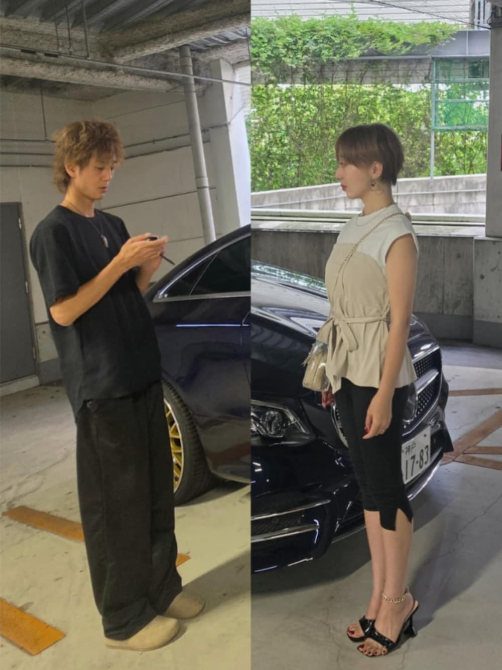ベージュ系のTシャツ/カットソー、ブラック系のサンダル、ブラック系のTシャツ/カットソーを着用したレディースの夏コーディネートの2枚目の写真