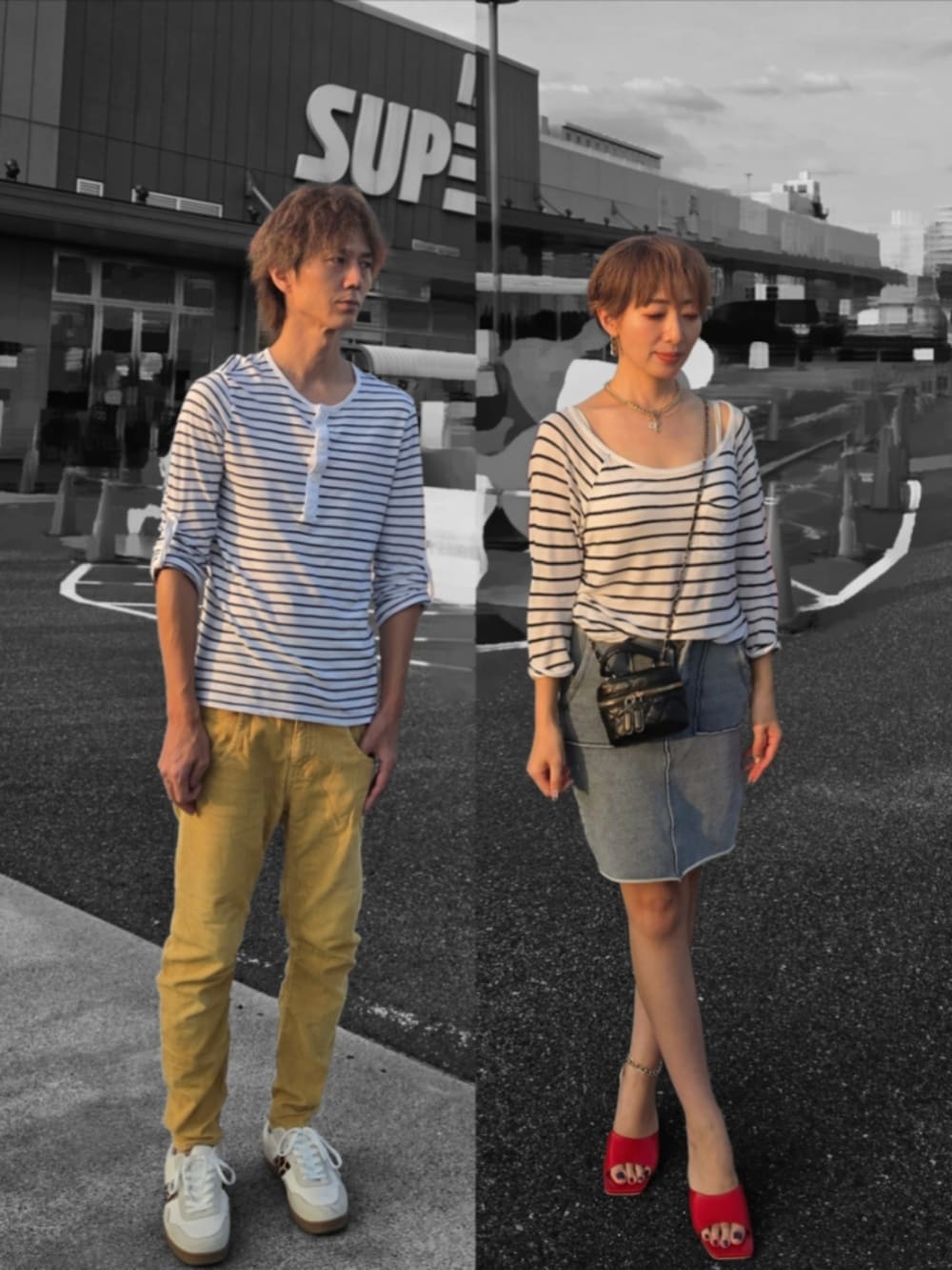 レッド系のサンダル、イエロー系のパンツ、ホワイト系のTシャツ/カットソーを着用したレディースの秋コーディネートの2枚目の写真