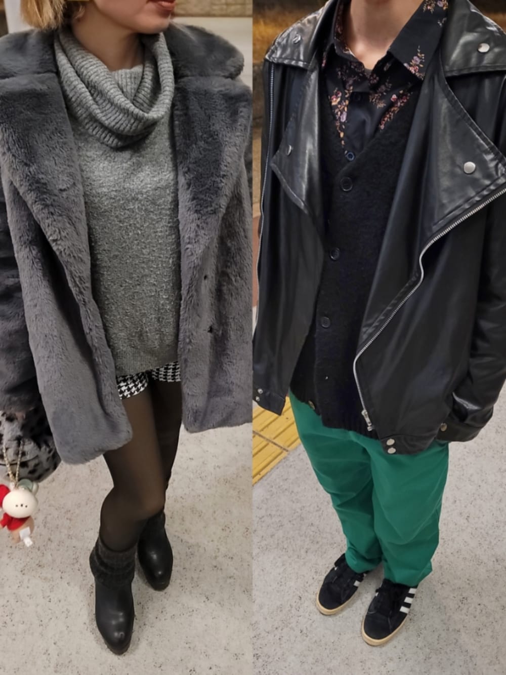 グレー系のジャケット/アウター、グレー系のドラムバッグ、ブラック系のブーツを着用したレディースの冬コーディネートの3枚目の写真