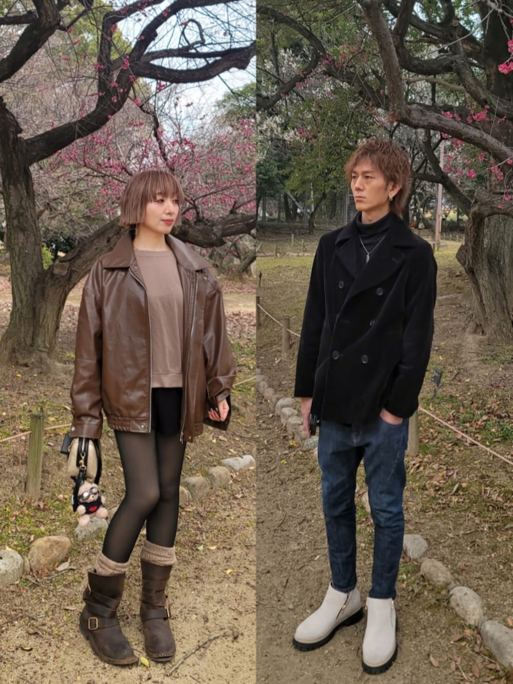 ブルー系のデニムパンツ、ベージュ系のブーツ、ブラック系のピーコートを着用したレディースの冬コーディネートの2枚目の写真