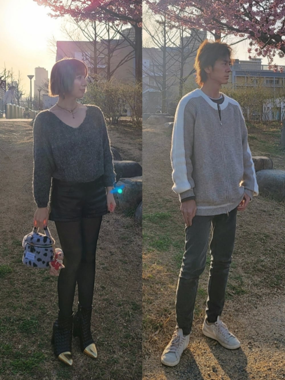 グレー系のニット/セーター、グレー系のドラムバッグ、ブラック系のブーティを着用したレディースの春コーディネートの2枚目の写真