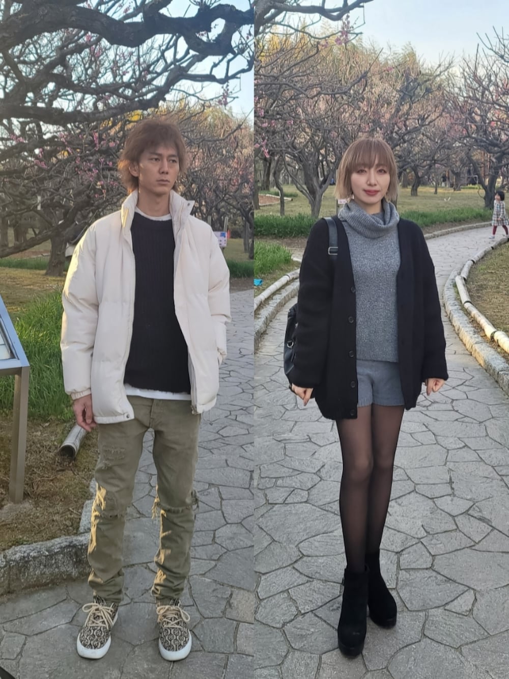 ブラック系のブーツ、グリーン系のデニムパンツ、ベージュ系のスニーカーを着用したレディースの冬コーディネートの2枚目の写真