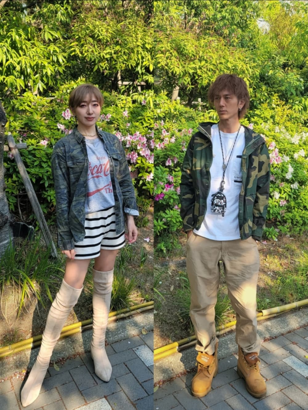 「柄シャツ、迷彩、カモフラ、ティンバーランド、Timberland、ボーダーパンツ、ニーハイブーツ、大人カジュアル、リンクコーデ、シミラールック、インスタフォローしてね！、instagram、カップルコーデ、夫婦、40代ファッション」｜「TEMUのアイテム（ブーツ、ベージュ系）」を使った、インスタ→bz178koshu47さん（レディース・160cm）の春コーディネートの2枚目の写真