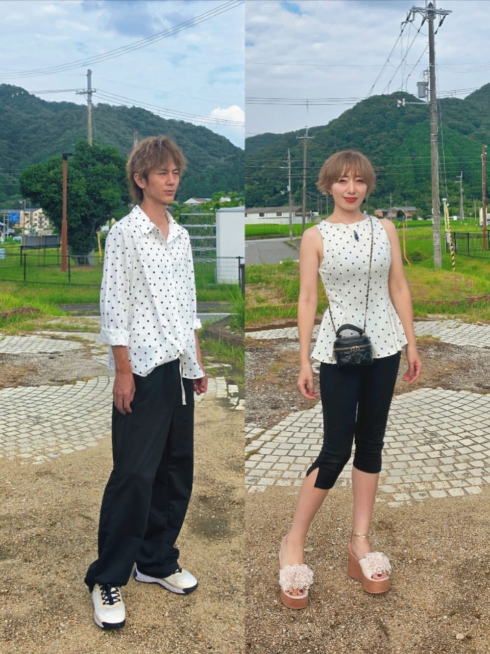 ホワイト系のシャツ/ブラウス、ブラック系のパンツ、ホワイト系のスニーカーを着用したレディースの夏コーディネートの2枚目の写真