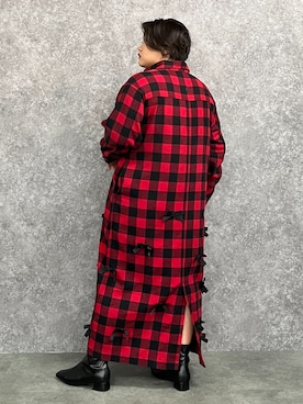 リボン付ブロックチェックシャツマキシワンピース＜大きいサイズ有
