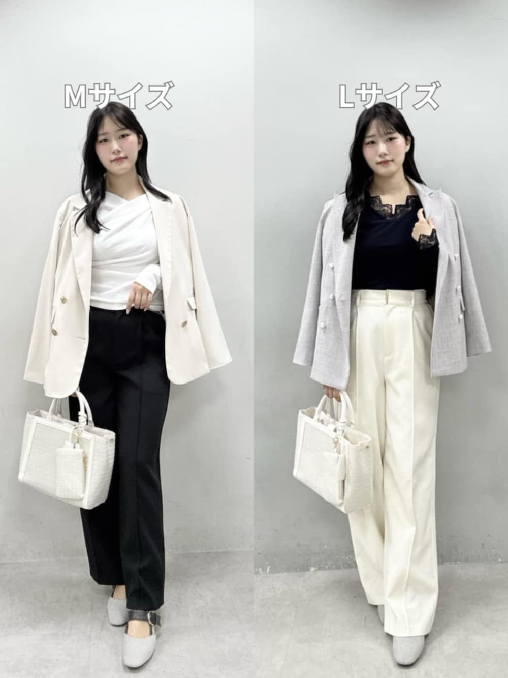 ホワイト系のテーラードジャケット、グレー系のテーラードジャケット、ホワイト系のハンドバッグを着用したレディースの冬コーディネートの2枚目の写真