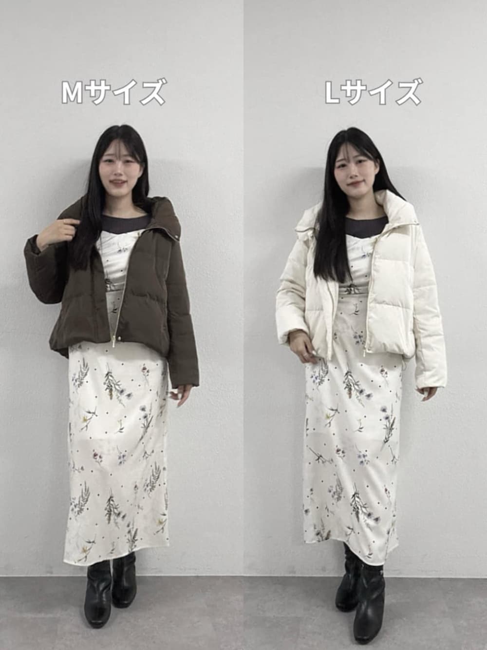 ホワイト系のワンピース、グレー系のニット/セーター、ホワイト系のダウンジャケット/コートを着用したレディースの夏コーディネートの2枚目の写真