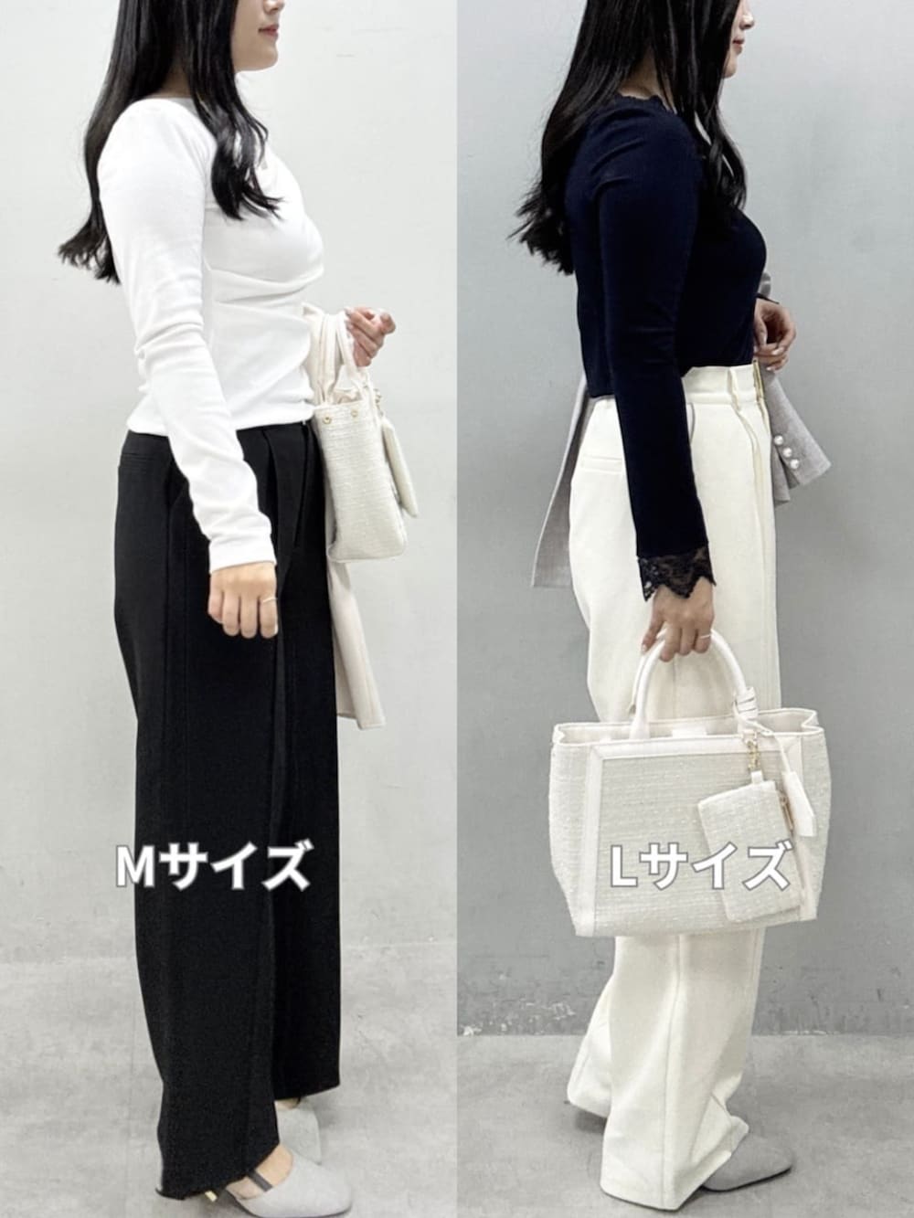 ホワイト系のテーラードジャケット、グレー系のテーラードジャケット、ホワイト系のハンドバッグを着用したレディースの冬コーディネートの3枚目の写真