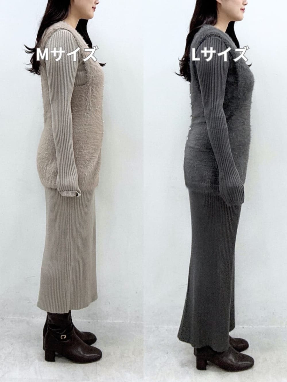 ブラウン系のワンピース、グレー系のワンピースを着用したレディースの秋コーディネートの2枚目の写真