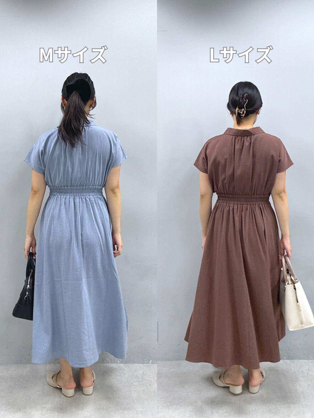 ブルー系のワンピース、ブラウン系のワンピースを着用したレディースの春コーディネートの3枚目の写真