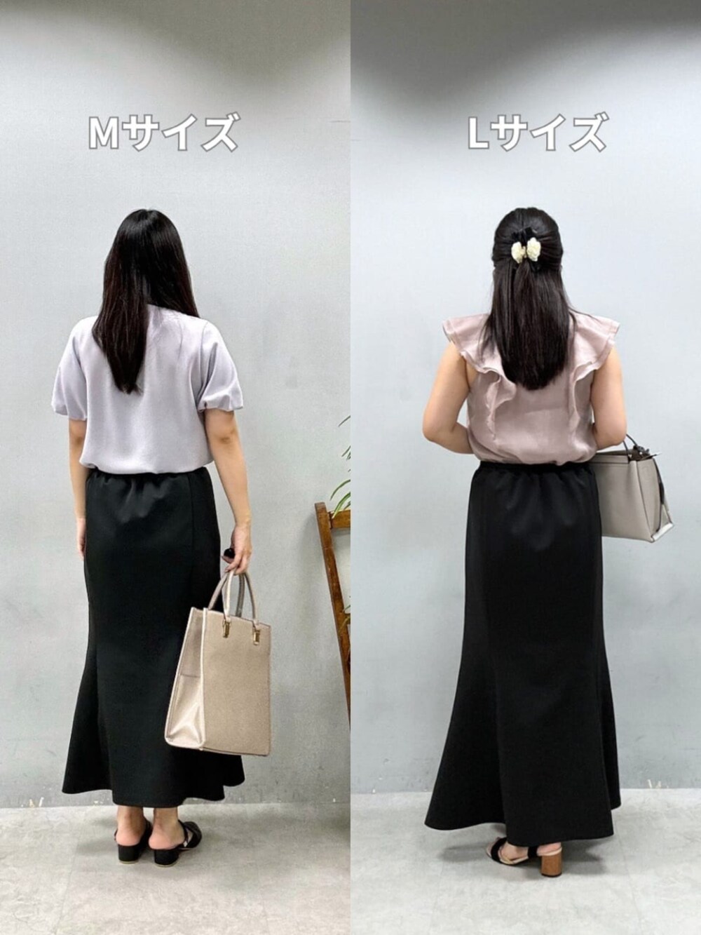 ブラック系のスカート、ブラック系のスカート、ベージュ系のシャツ/ブラウスを着用したレディースの夏コーディネートの4枚目の写真