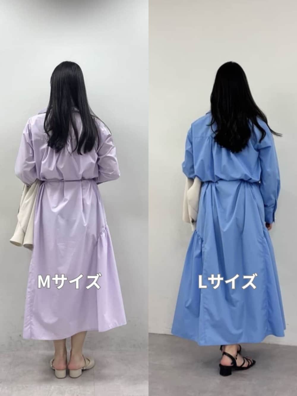 ホワイト系のテーラードジャケット、ブルー系のシャツワンピース、パープル系のシャツワンピースを着用したレディースの春コーディネートの3枚目の写真