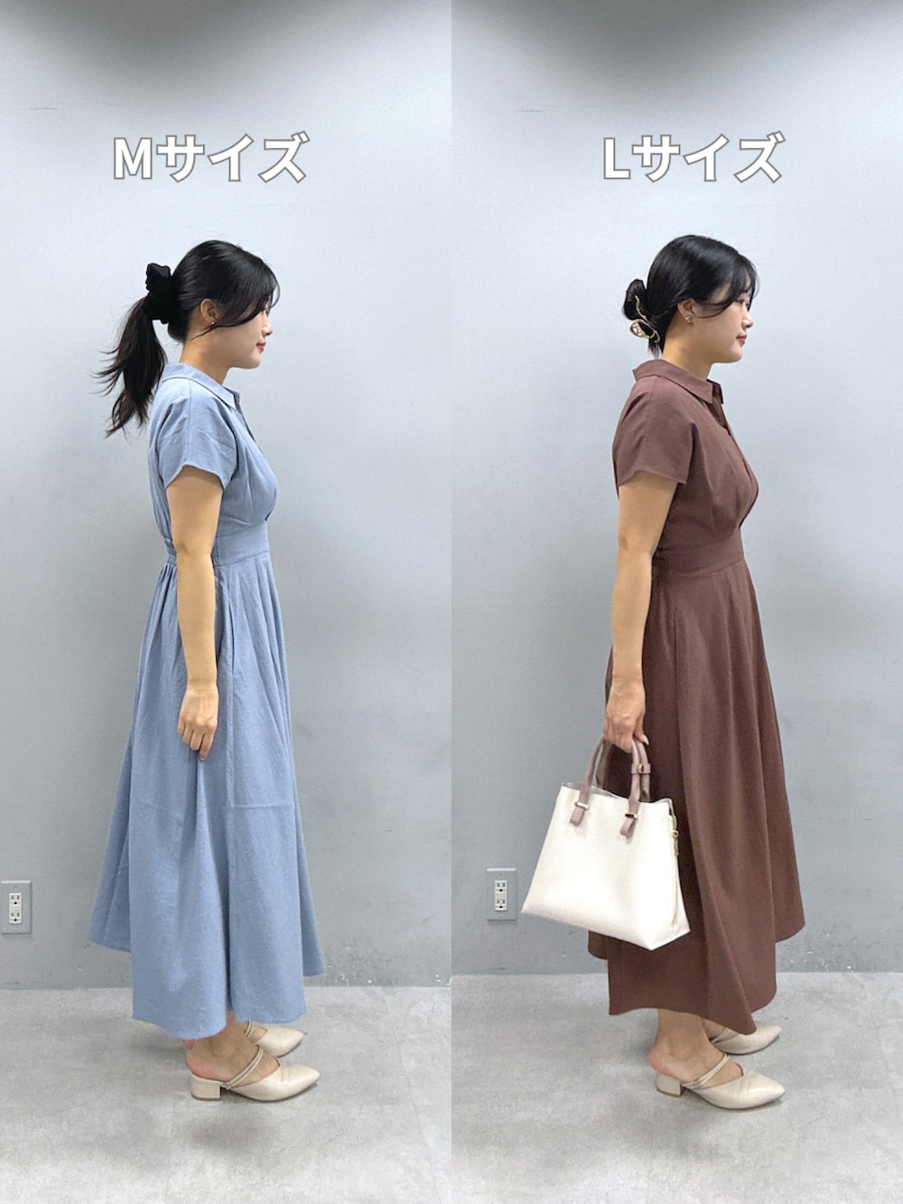 ブルー系のワンピース、ブラウン系のワンピースを着用したレディースの春コーディネートの2枚目の写真