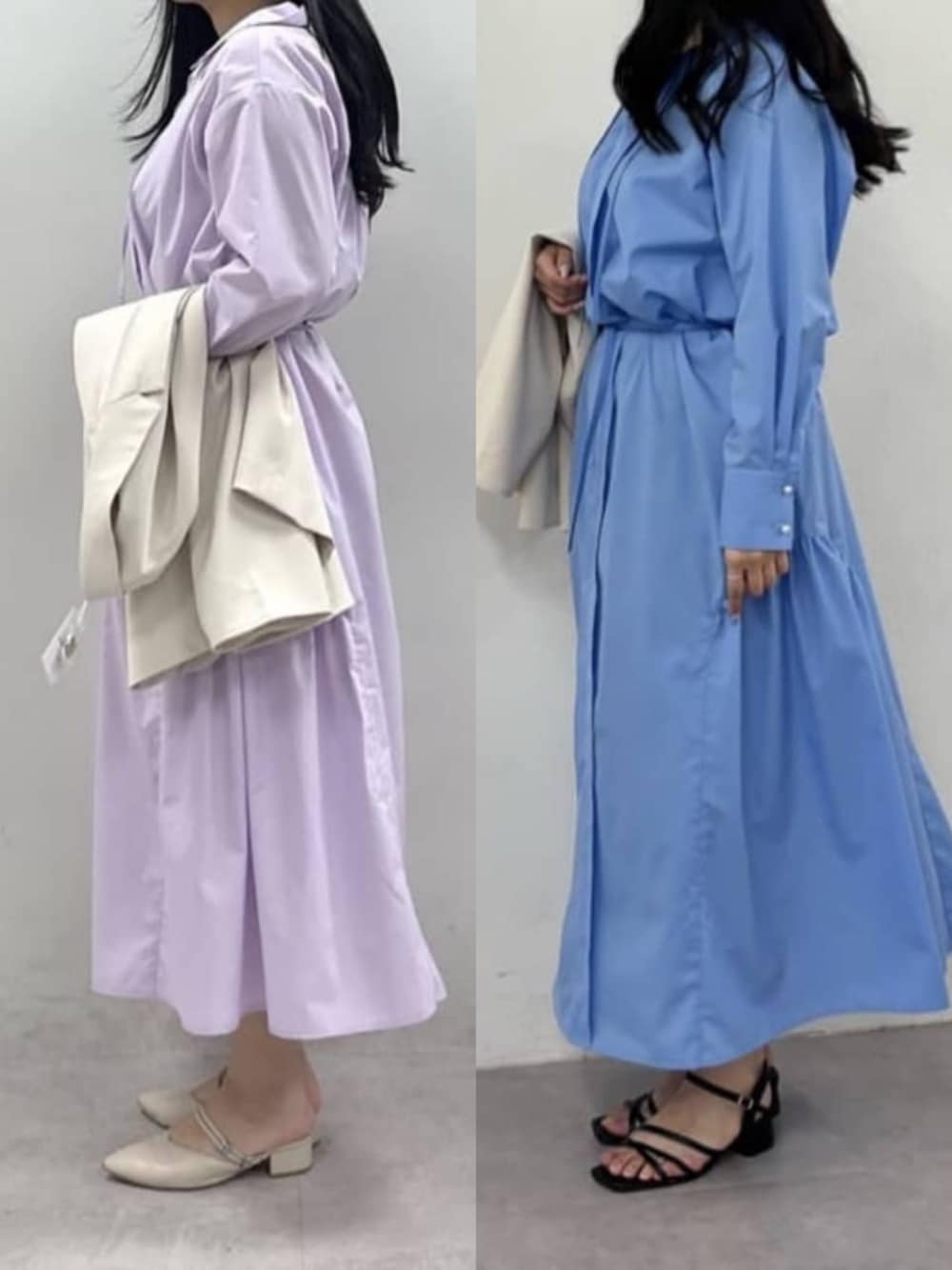 ホワイト系のテーラードジャケット、ブルー系のシャツワンピース、パープル系のシャツワンピースを着用したレディースの春コーディネートの2枚目の写真