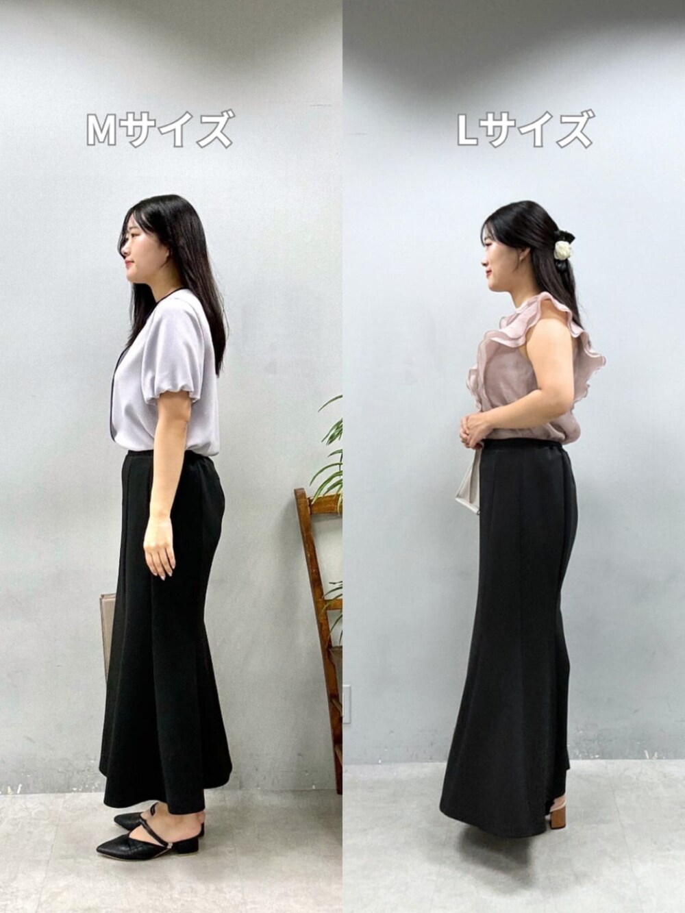 ブラック系のスカート、ブラック系のスカート、ベージュ系のシャツ/ブラウスを着用したレディースの夏コーディネートの3枚目の写真