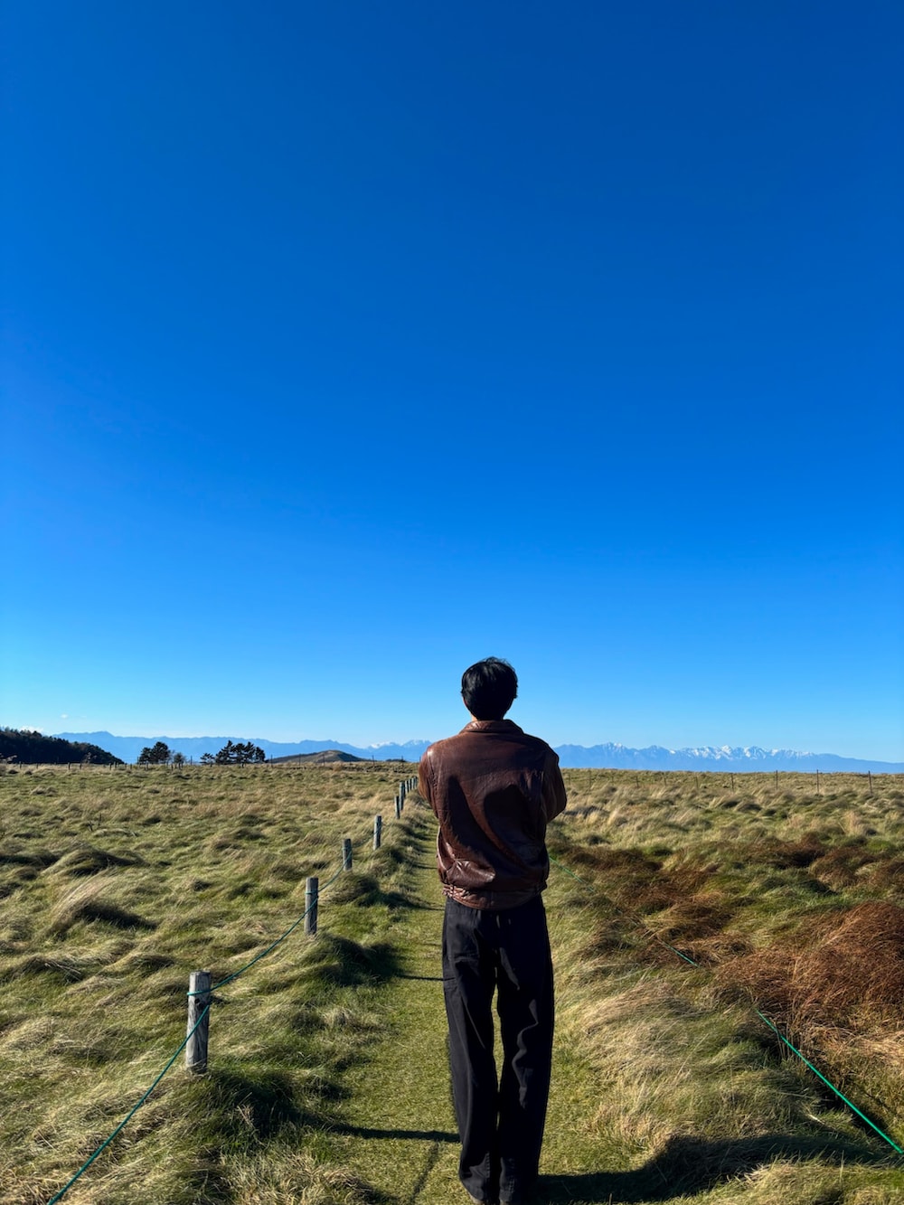 ブラック系のスニーカー、グリーン系のニット/セーター、ブラウン系のブルゾンを着用したメンズの秋コーディネートの3枚目の写真