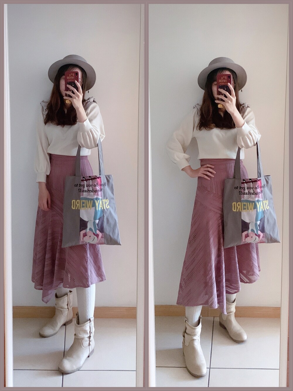 パープル系のスカート、ホワイト系のニット/セーターを着用したレディースの春コーディネートの2枚目の写真