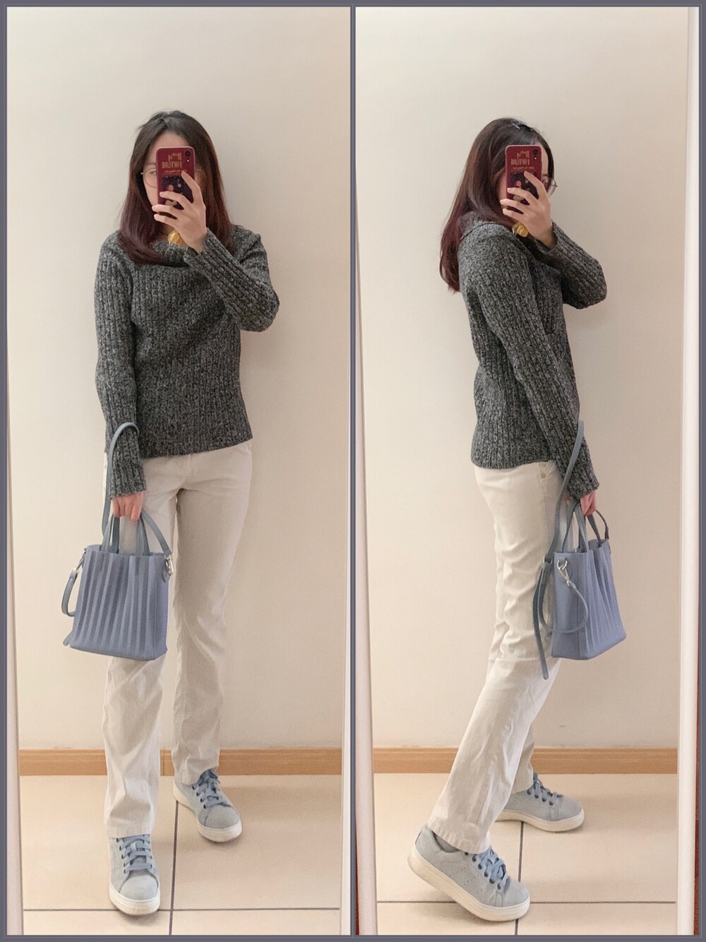 ブルー系のトートバッグ、ブルー系のシューズを着用したレディースの秋コーディネートの2枚目の写真