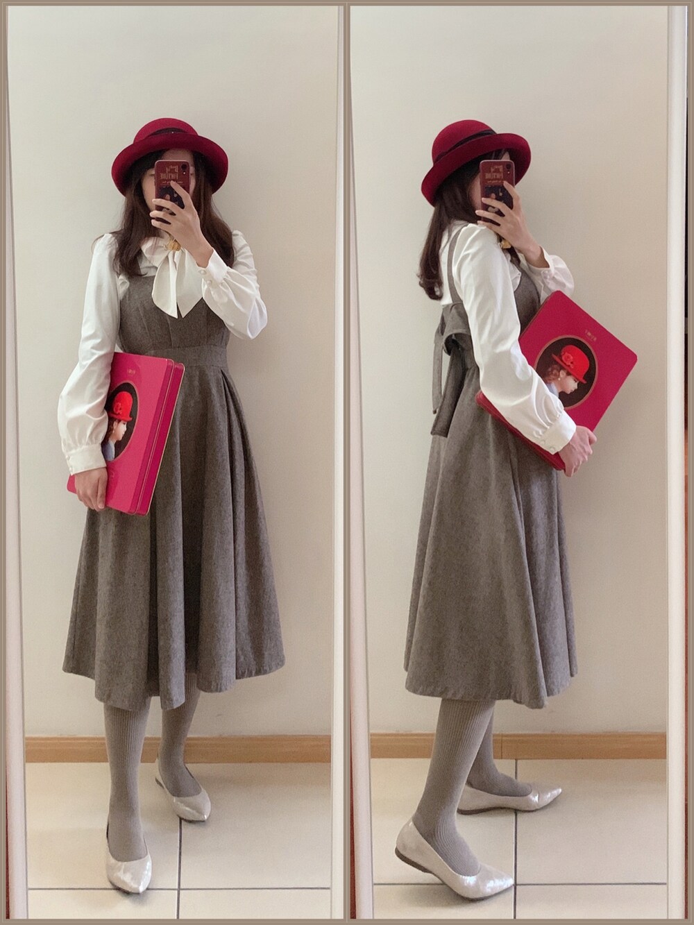 ブラウン系のワンピース、シルバー系のパンプスを着用したレディースの冬コーディネートの2枚目の写真