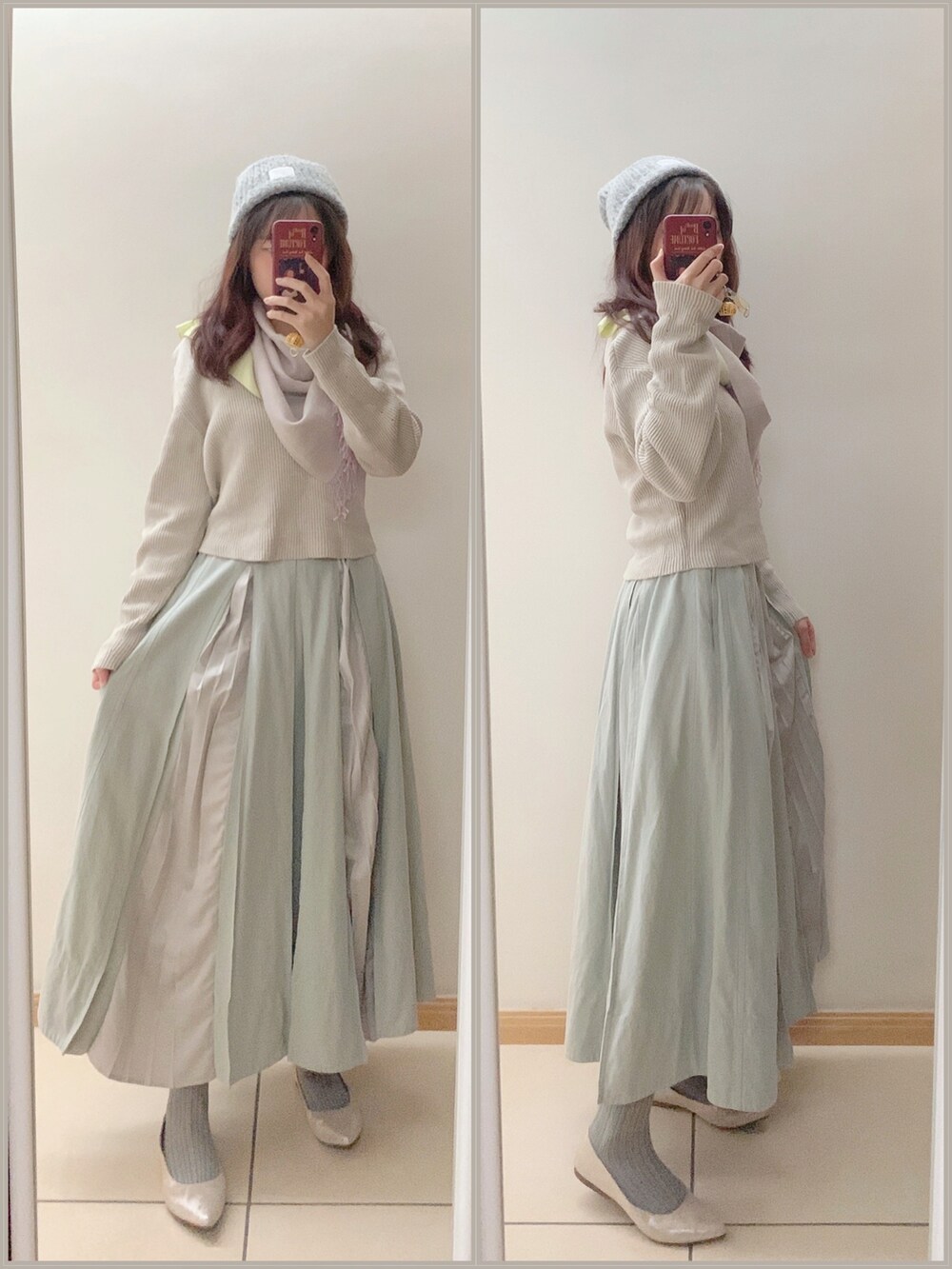 シルバー系のパンプス、グレー系のスカートを着用したレディースの冬コーディネートの2枚目の写真