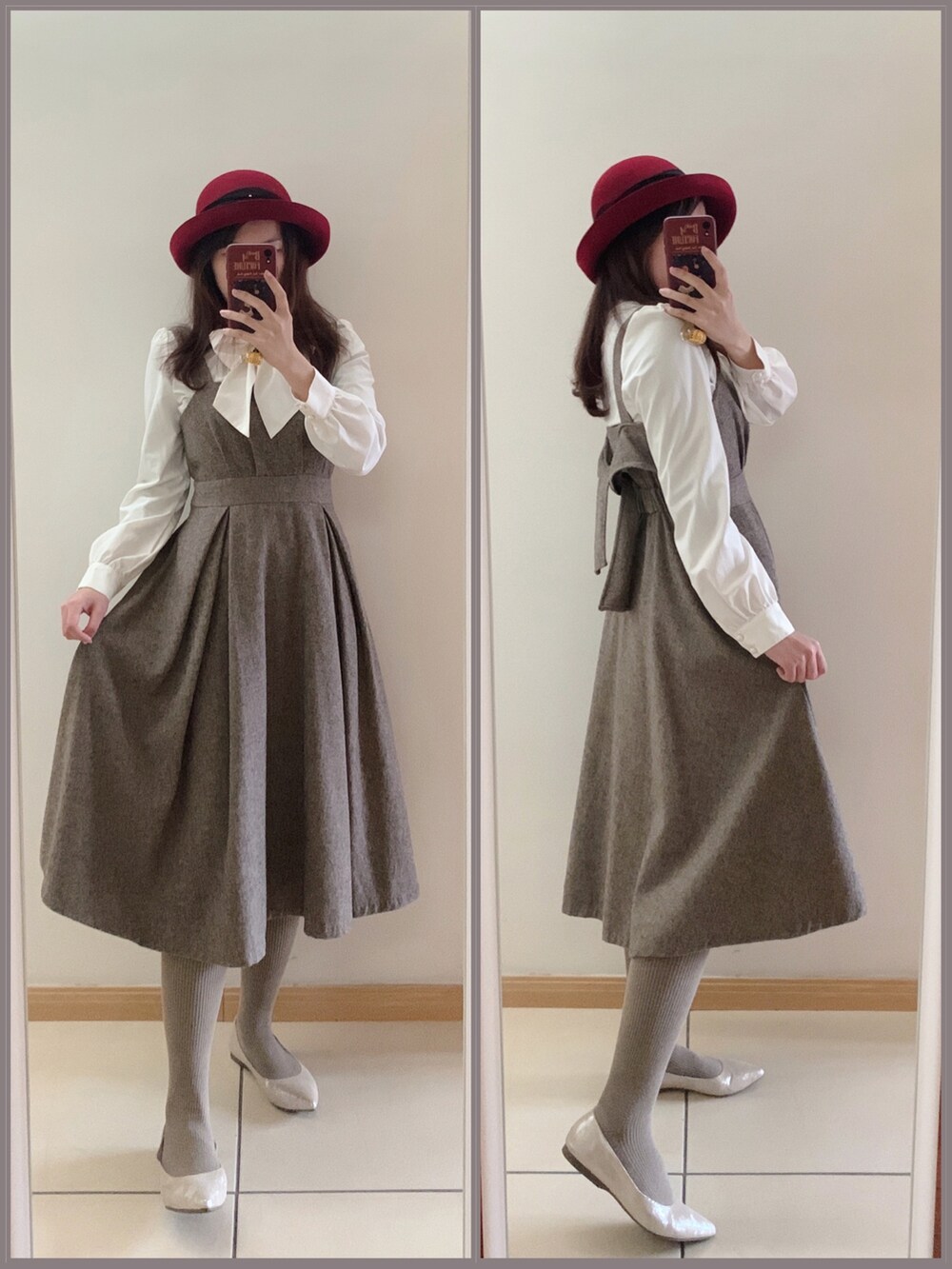 ブラウン系のワンピース、シルバー系のパンプスを着用したレディースの冬コーディネートの3枚目の写真