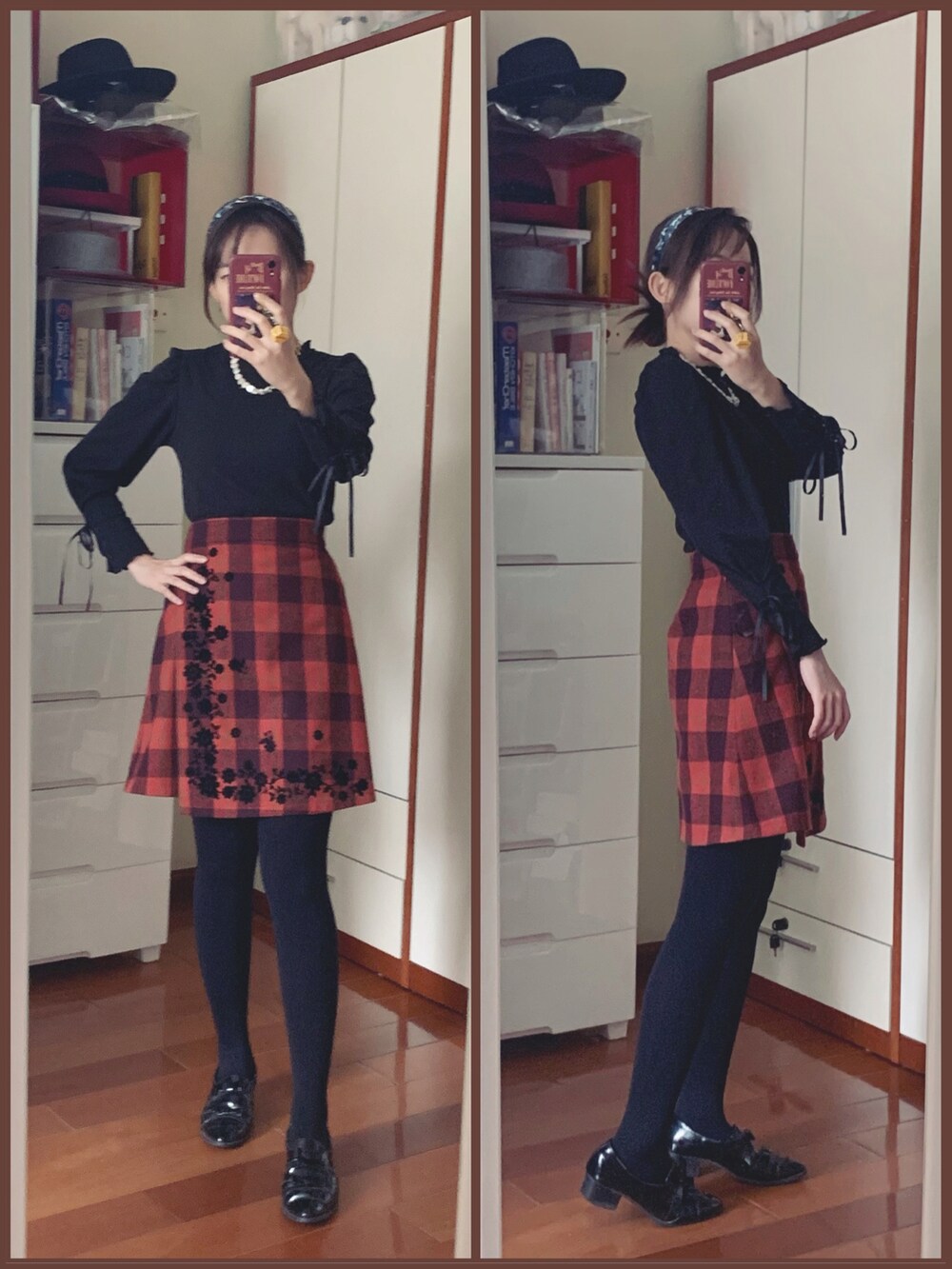 ブラック系のTシャツ/カットソー、オレンジ系のスカート、ブラック系のパンプスを着用したレディースの春コーディネートの2枚目の写真