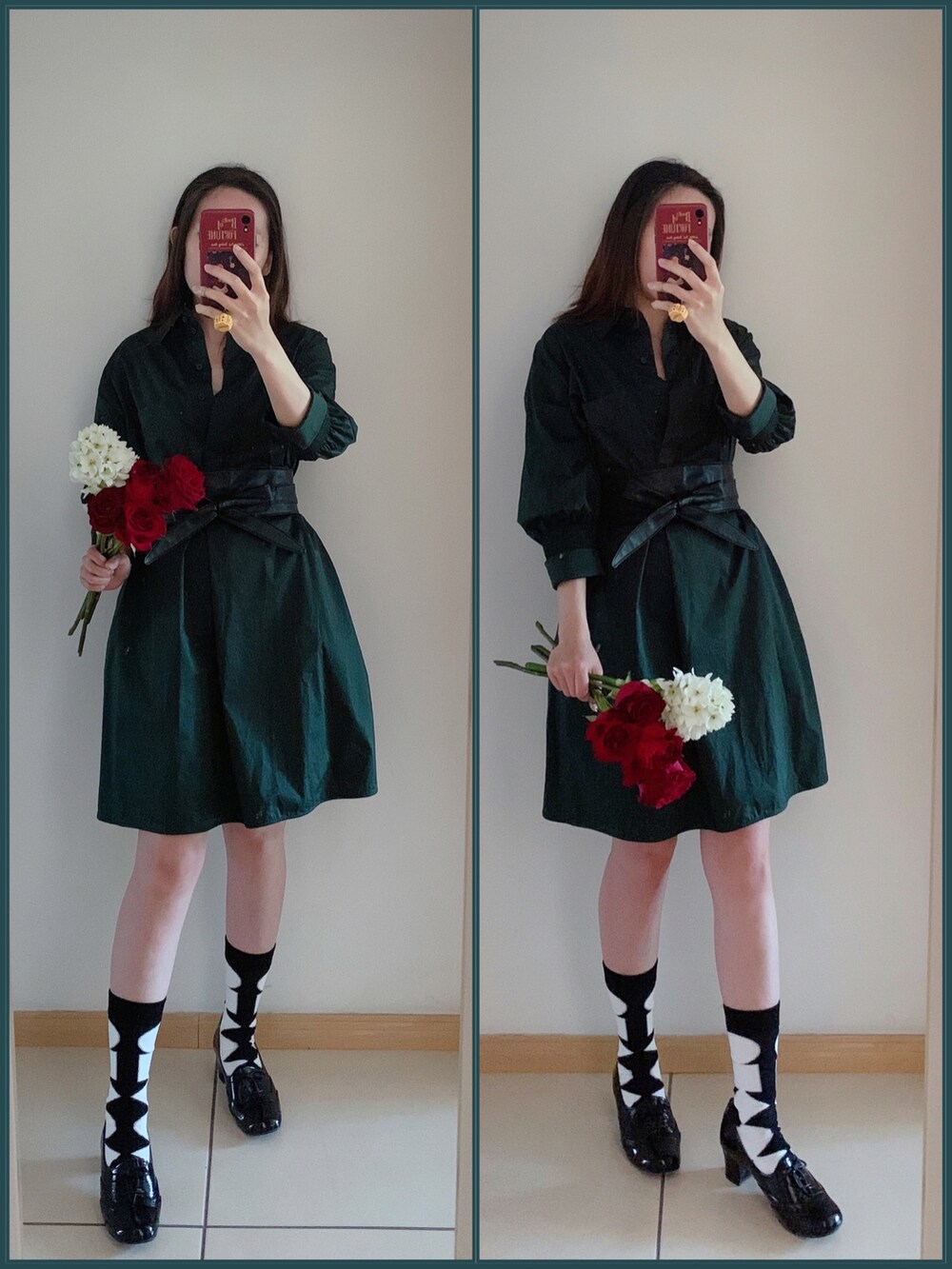 グリーン系のシャツワンピース、ブラック系のパンプスを着用したレディースの春コーディネートの2枚目の写真