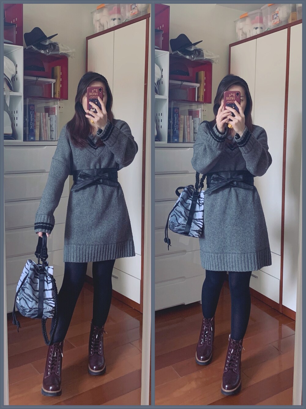 グレー系のバッグ、レッド系のブーツを着用したレディースの春コーディネートの2枚目の写真