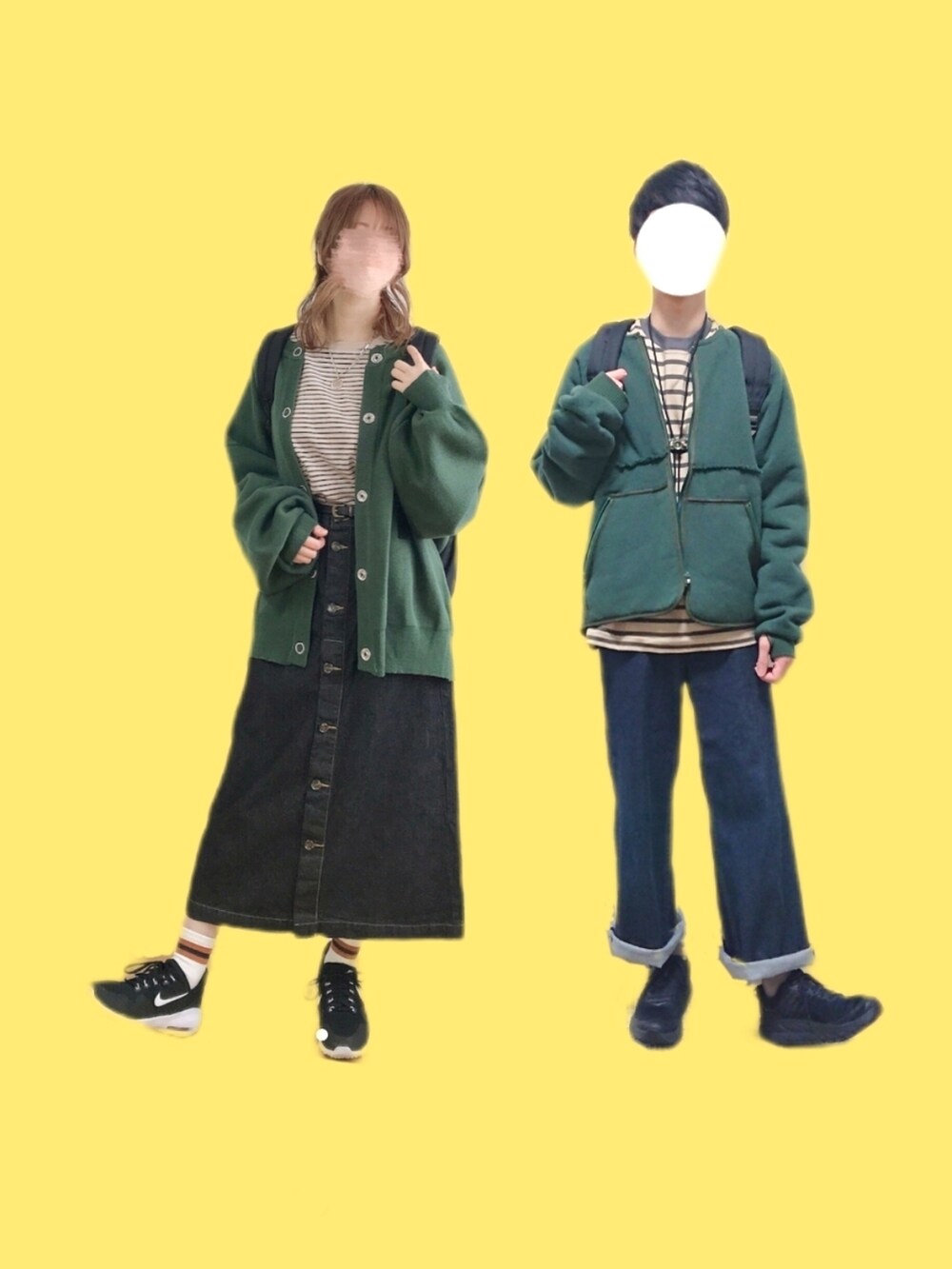 「アースカラー、ボーダー、デニム、HOKAONEONE、リュック、はるコーデ、カジュアル、春コーデ、古着MIX」｜「YOUSEDのアイテム（その他アウター、グリーン系）」を使った、ひかるさん（メンズ・174cm）の春コーディネートの3枚目の写真