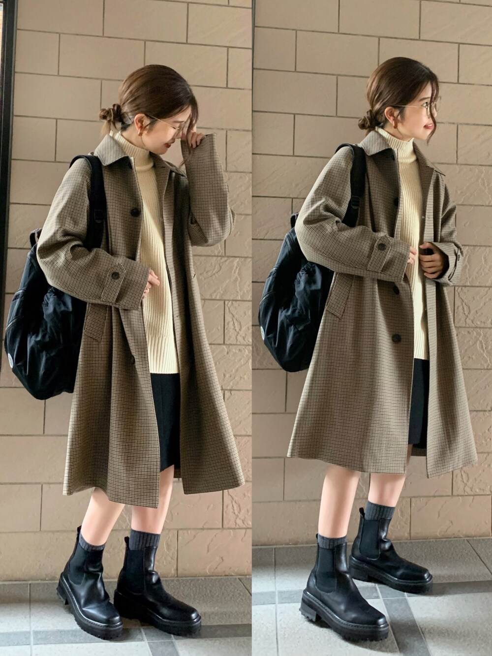 ブラウン系のジャケット/アウター、ブラック系のスカート、ブラック系のバックパック/リュックを着用したレディースの秋コーディネートの2枚目の写真