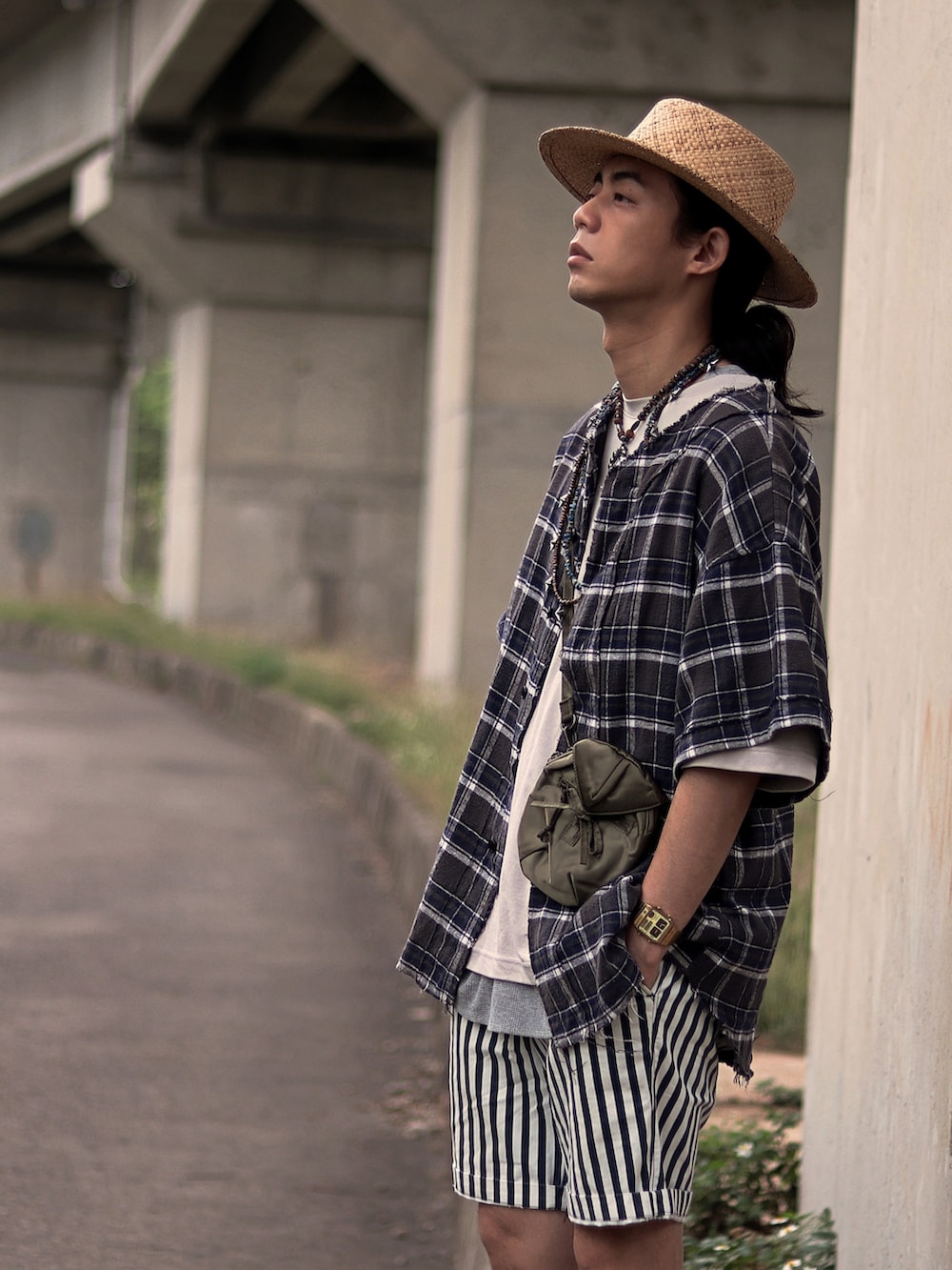 ブルー系のサンダルを着用したメンズの夏コーディネートの5枚目の写真