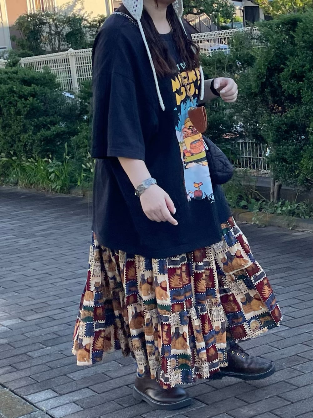 「夏ルックで気分アップ、古着MIX、古着、バブーシュカ、ローファー、ショルダーバッグ、メガネ女子、UNIQLO、きれいめカジュアル、休日スタイル、お出かけコーデ」｜「Shoes in Closetの軽量  レースアップ マニッシュ シューズ 7978（ドレスシューズ、ブラウン系）」を使った、maru☺︎さん（レディース・153cm）の夏コーディネートの2枚目の写真