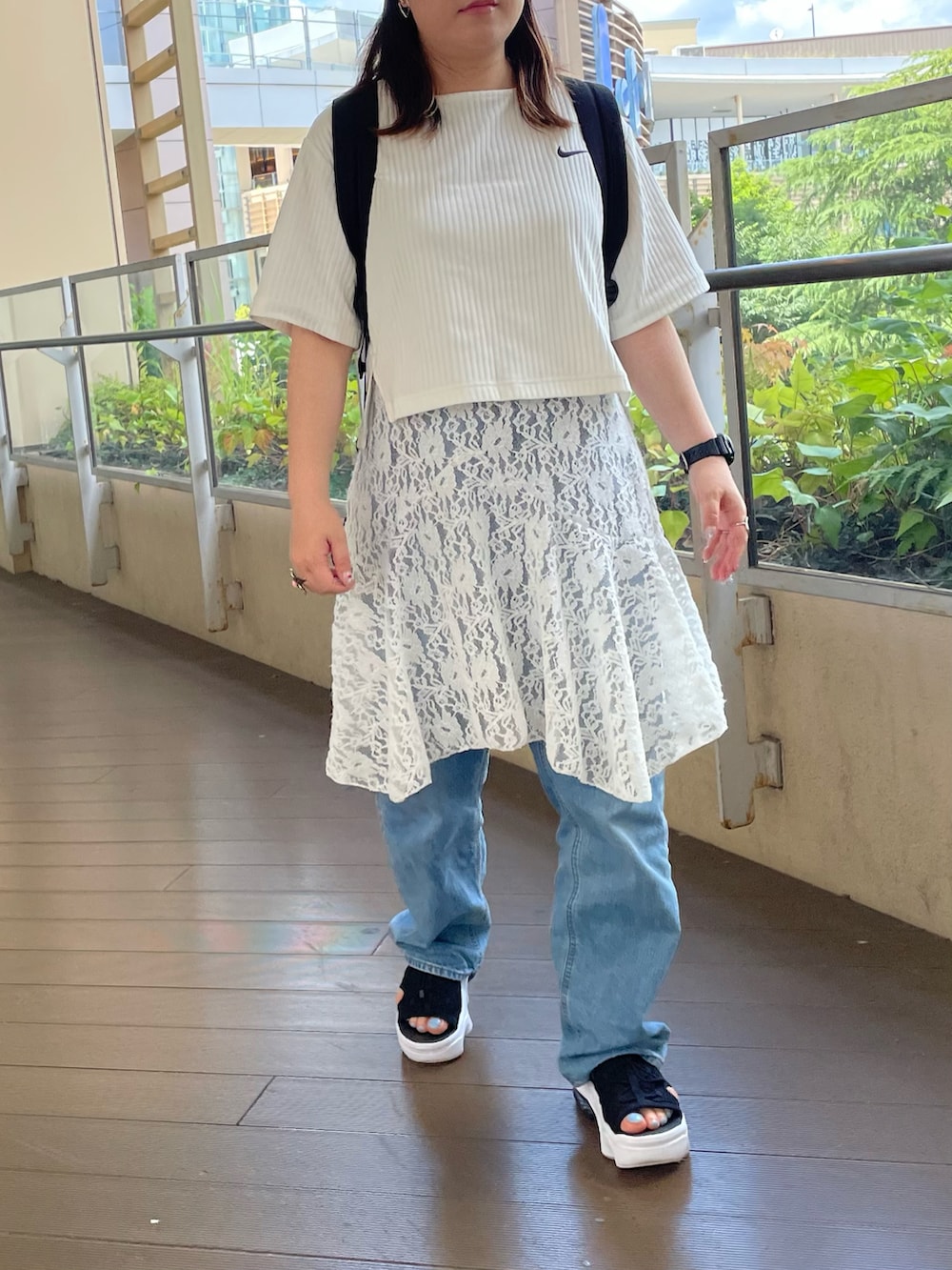 「レイヤードスタイル、プチプラ、夏コーデ、キャップ、NIKE、Tシャツ、リュック、サンダル、きれいめカジュアル、休日スタイル、低身長コーデ、お出かけコーデ、レース、デニム」｜「DHOLIC STYLEのアイテム（キャップ、グリーン系）」を使った、maru☺︎さん（レディース・153cm）の夏コーディネートの2枚目の写真