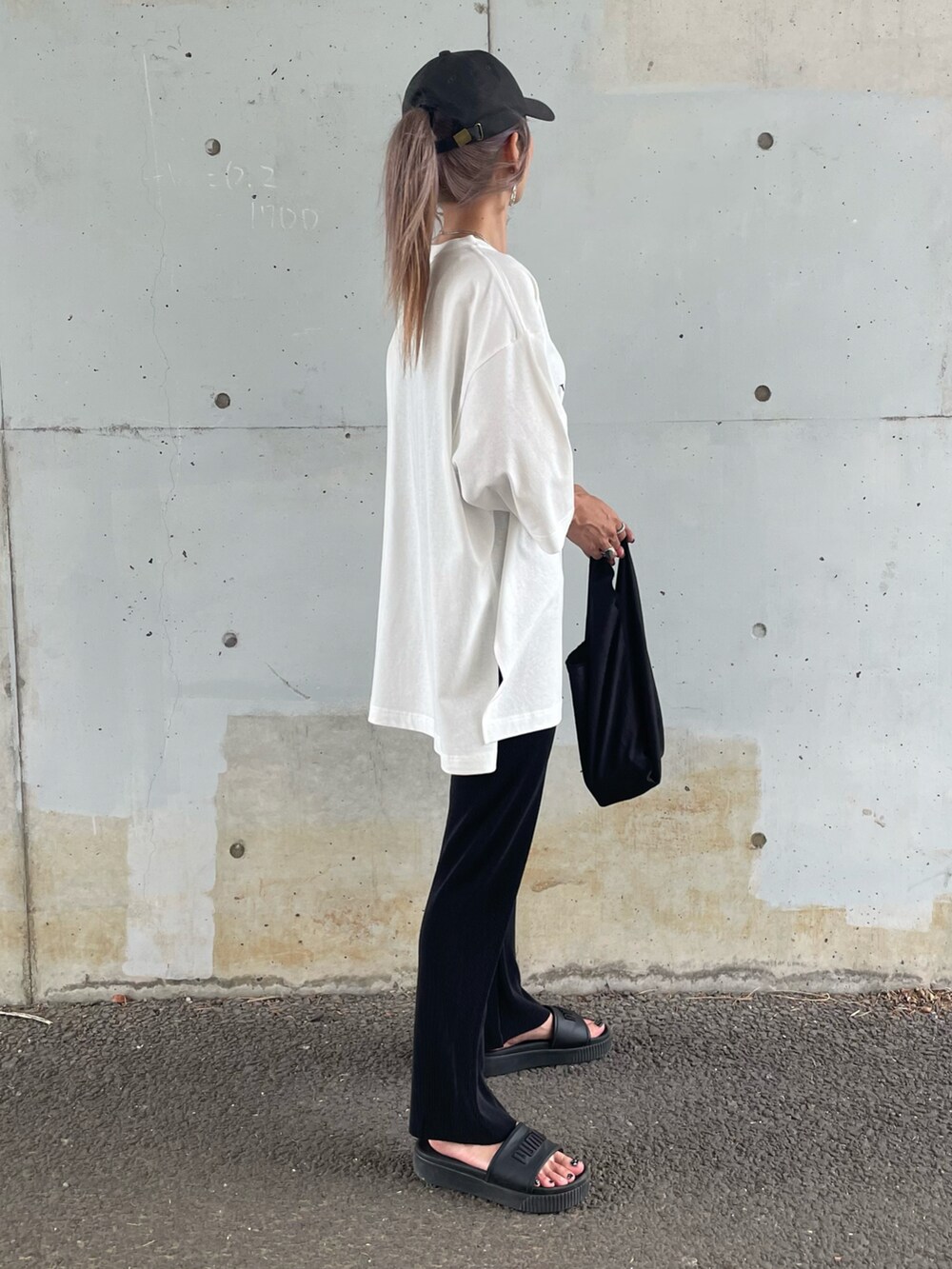 ホワイト系のTシャツ/カットソー、ブラック系のサンダル、その他のエコバッグ/サブバッグを着用したレディースの夏コーディネートの3枚目の写真