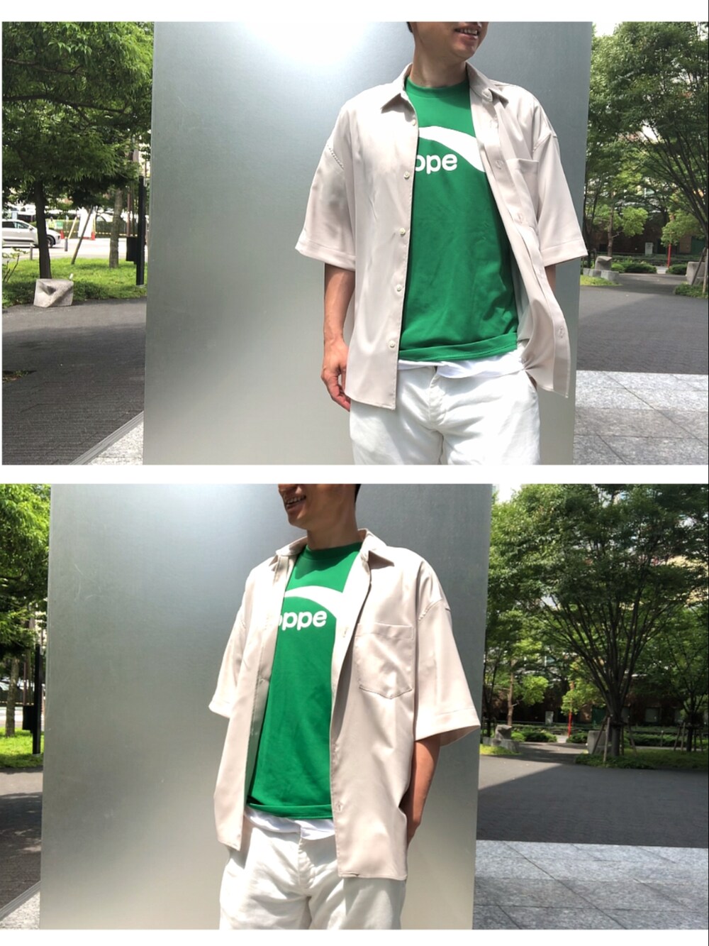 ベージュ系のスニーカー、ベージュ系のシャツ/ブラウス、ホワイト系のその他パンツを着用したメンズの夏コーディネートの3枚目の写真