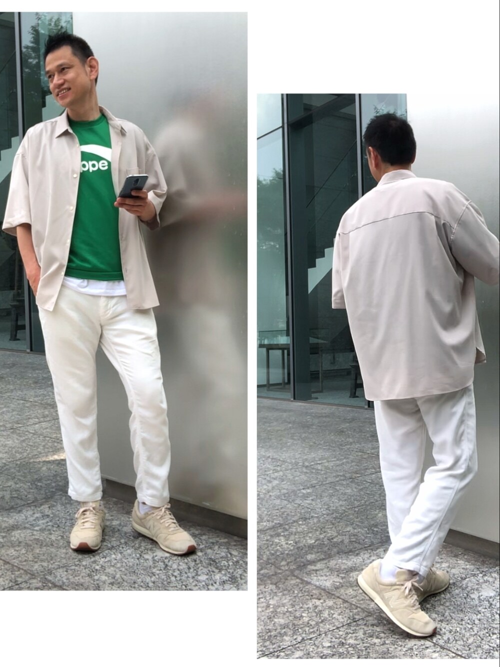 ベージュ系のスニーカー、ベージュ系のシャツ/ブラウス、ホワイト系のその他パンツを着用したメンズの夏コーディネートの4枚目の写真