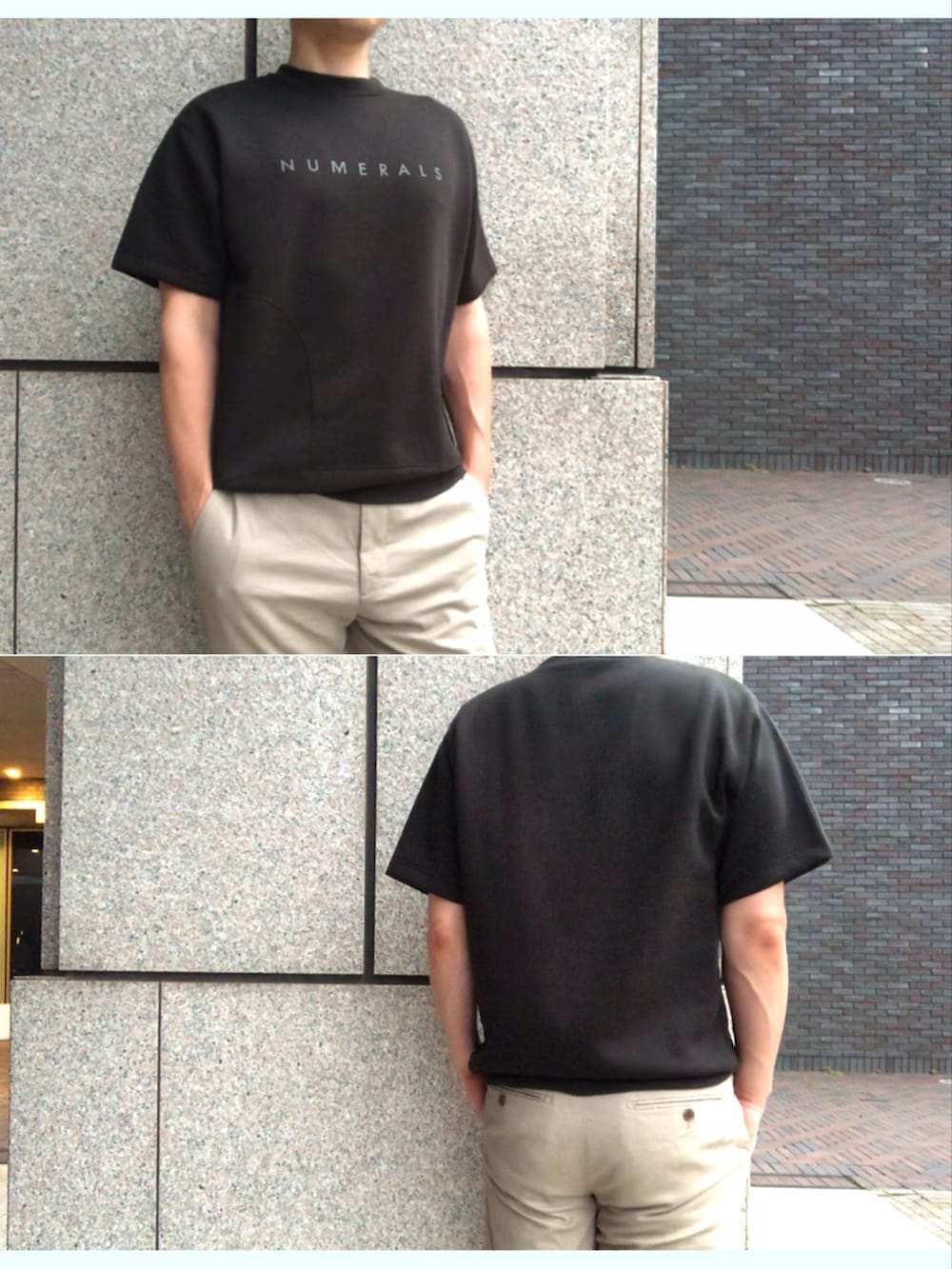 「niko and ...、ニコアンド、ユニクロ、黒Tシャツ、男の子コーデ、プチプラ、ニューバランス、チノパン、休日スタイル、Tシャツ、黒、シンプルコーデ、メンズファッション、モノトーンコーデ、アラフォー」｜「NUMERALSの【UNISEX】[NUMERALS]サイドポケットTシャツ（Tシャツ/カットソー、ブラック系）」を使った、よしはるさん（メンズ・180cm）の夏コーディネートの2枚目の写真