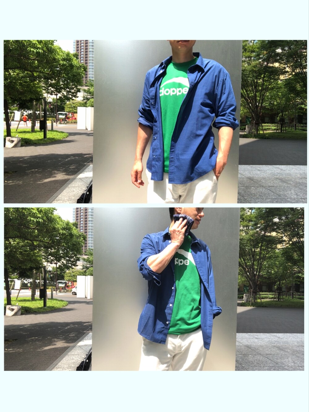 ホワイト系のチノパンツ、ブルー系のシャツ/ブラウス、ベージュ系のスニーカーを着用したメンズの夏コーディネートの2枚目の写真