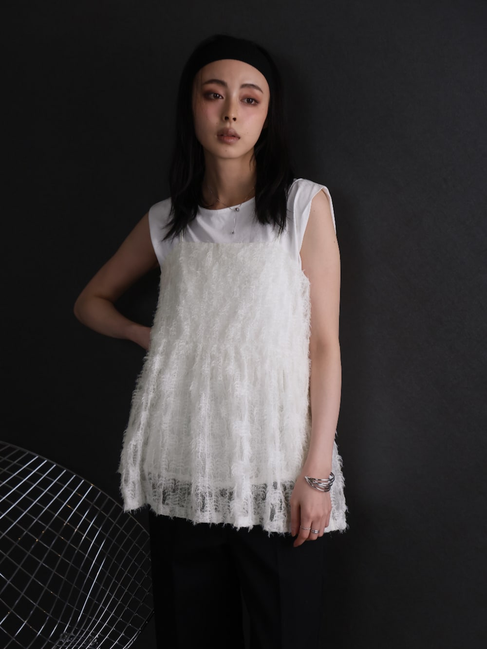 「レイヤードスタイル、レイヤード、春夏コーデ、春コーデ、夏コーデ、総レース」｜「LAFFMOのフェザーチュールキャミ（キャミソール、ホワイト系）」を使った、Ulyssesさん（レディース・158cm）の春コーディネートの3枚目の写真
