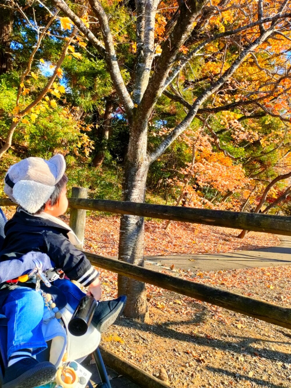 ブルー系のデニムパンツ、ブラック系のジャケット/アウター、ブルー系のジャケット/アウターを着用したキッズの冬コーディネートの2枚目の写真