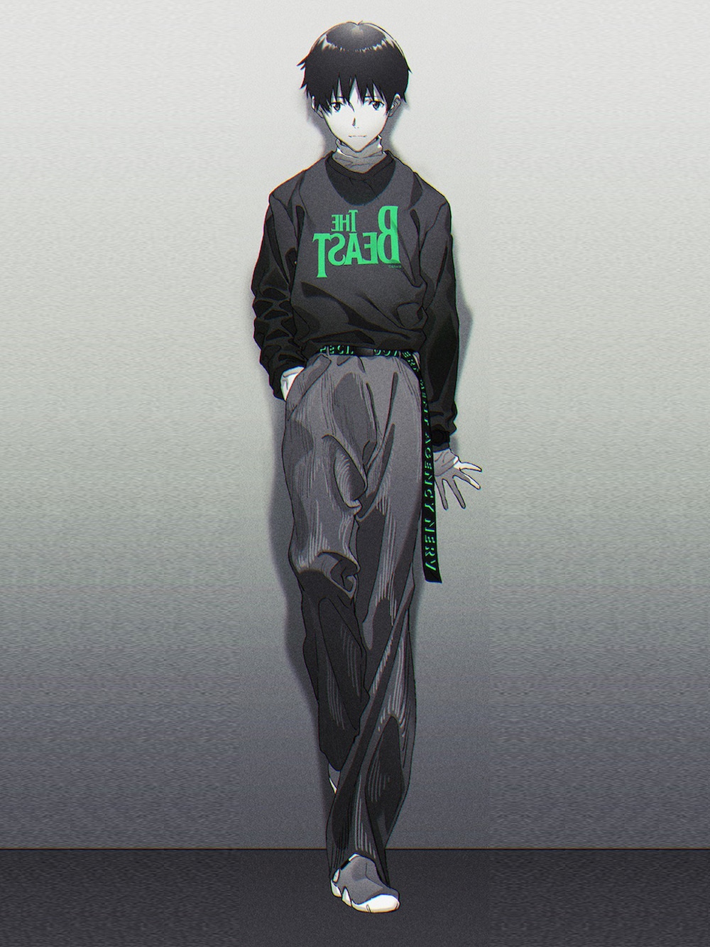 ブラック系のスウェット、シルバー系のスラックス、ブラック系のスニーカーを着用したメンズの夏コーディネートの2枚目の写真