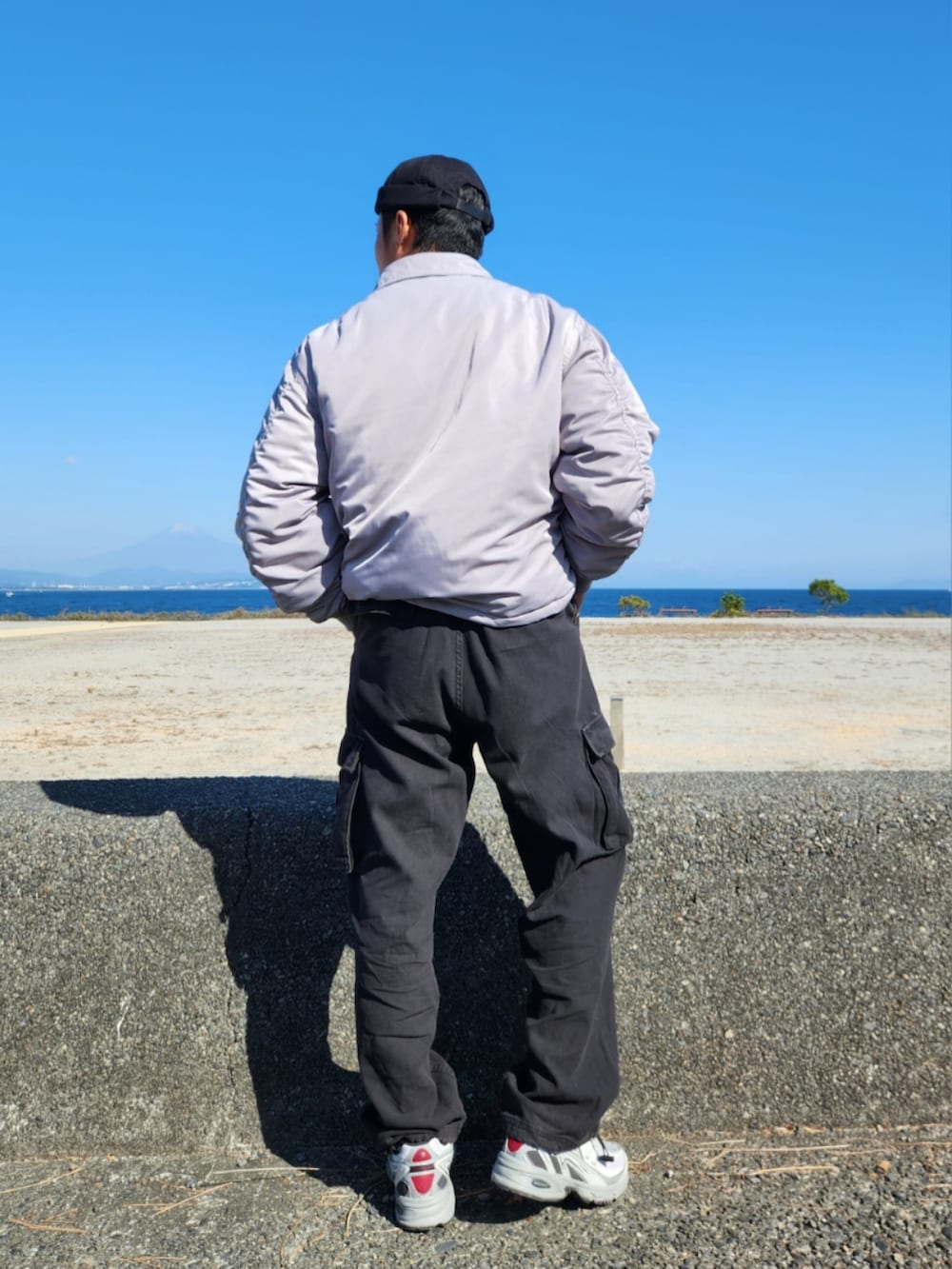 グレー系のミリタリージャケット、ブラック系のカーゴパンツ、グレー系のスニーカーを着用したメンズの秋コーディネートの3枚目の写真