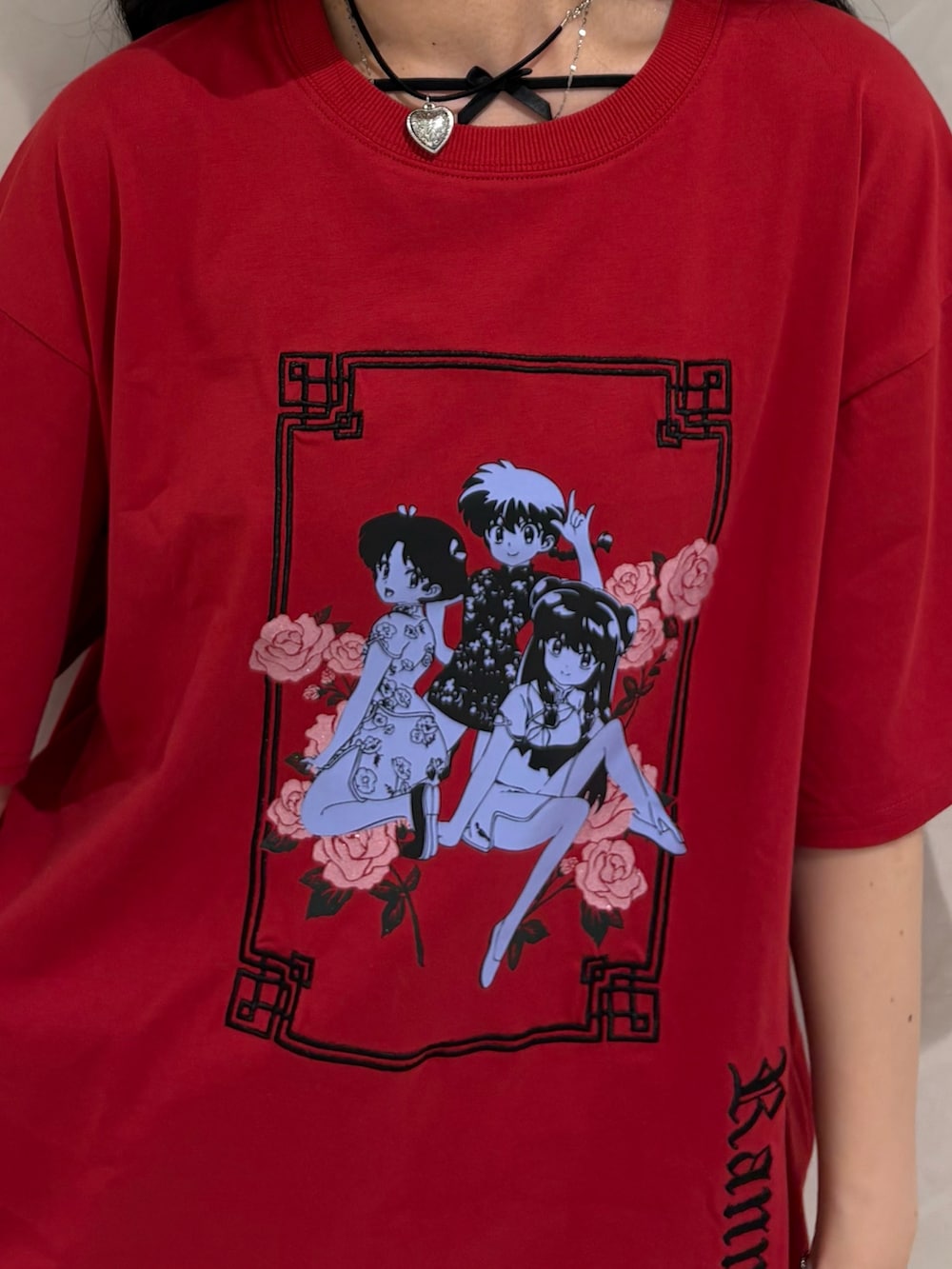「らんま、らんま1/2、赤、カーキ、カーキパンツ、ショートパンツ、フリル、レース、レースパンツ、Tシャツ、ビッグシルエット、ビッグT」｜「jouetieの【TVアニメ『らんま1/2』jouetie】チャイナグラフィックTシャツ（Tシャツ/カットソー、レッド系）」を使った、NANAさん（骨格ウェーブ・レディース・162cm）の夏コーディネートの4枚目の写真