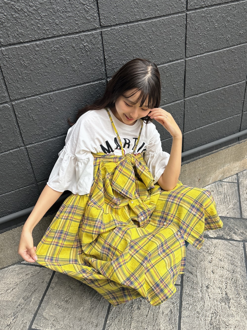 「ワンピース、ワンピーススタイル、チェックワンピース、イエローコーデ、レトロガールコーデ、マルチウェイワンピース」｜「RETRO GIRLの【EC限定】マルチWAYチェックワンピース（ワンピース、イエロー系）」を使った、さきみゆさん（骨格ストレート・レディース・160cm）の春コーディネートの4枚目の写真