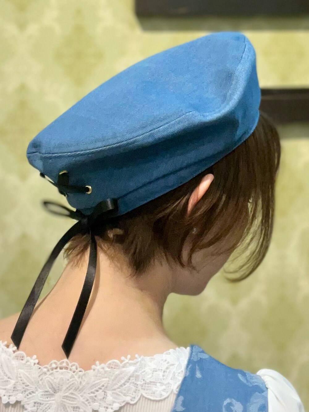 「春めき満開コーデ、春色、大人カジュアル、ワンピース、休日スタイル、デートコーデ、お出かけコーデ、リボン、axes femme、春服コーデ、大人ガーリー、お花見コーデ、ワンピーススタイル、デイリーカジュアル、花柄」|「axes femmeのレースアップデニムベレー(ハンチング/ベレー帽、ブルー系)」を使った、ハナミズキさん(レディース・158cm)の春コーディネートの10枚目の写真